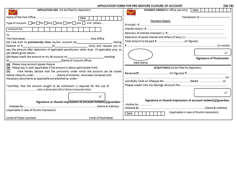 Post Office Premature Closure Form | PDF | Cheque | Personal Finance