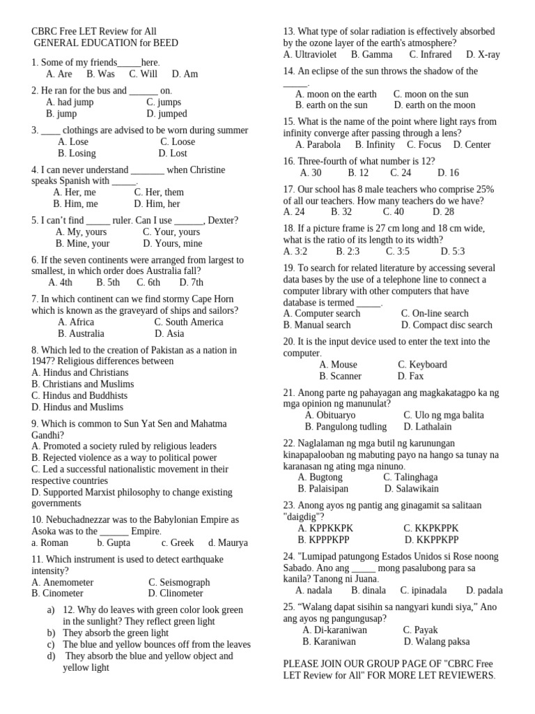 CBRC Free LET Review For All GENERAL EDUCATION For BEED | PDF | Sun | Earth
