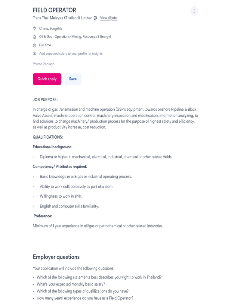 Field Operator Job at Trans Thai-Malaysia | PDF