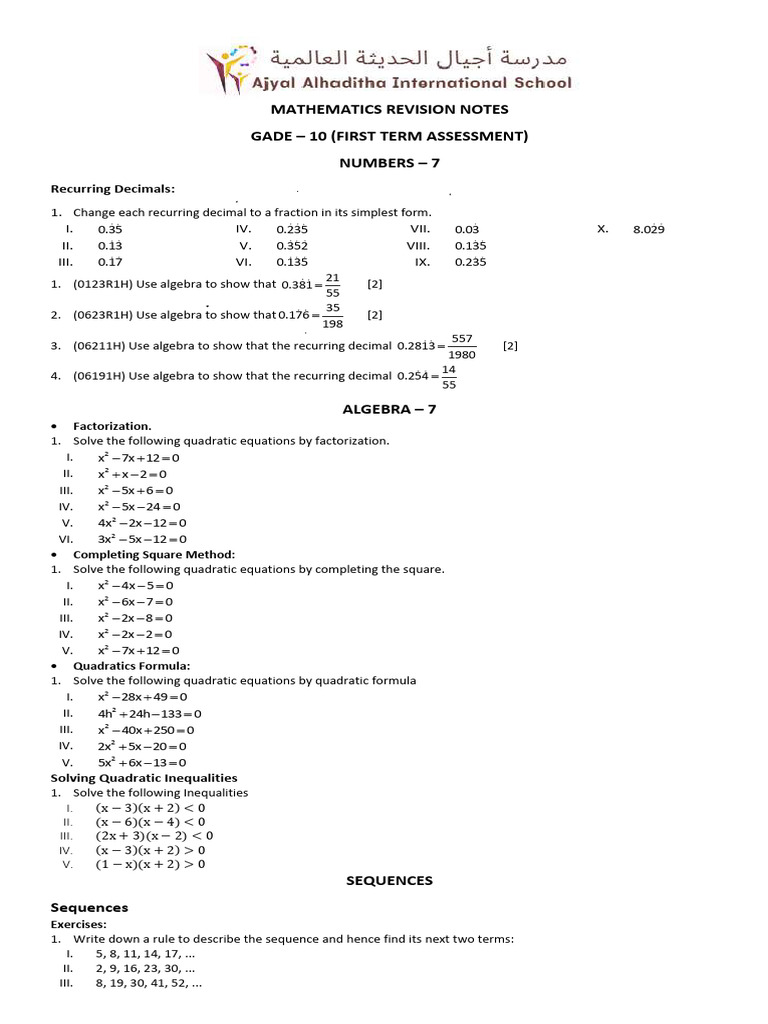 Mathematics Revision Notes for Gade 10 | PDF | Quadratic Equation | Algebra