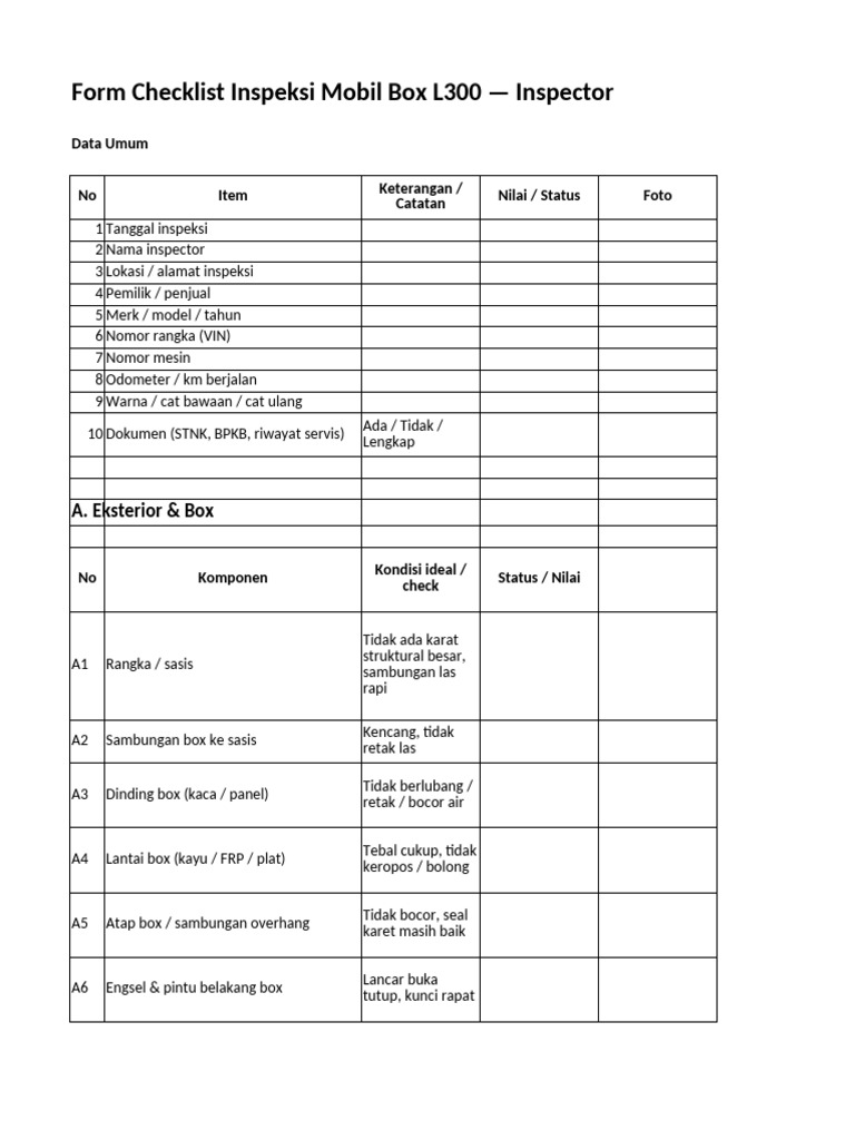 Checklist Inspeksi Mobil Box L300 | PDF