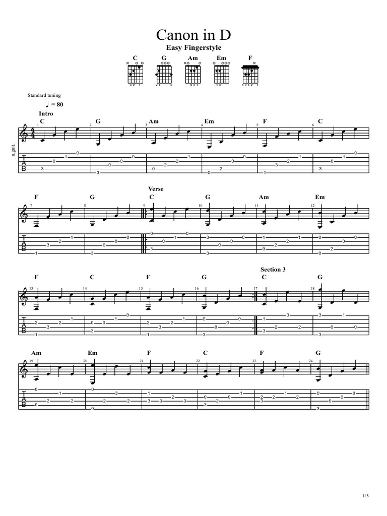 Canon in D Easy Fingerstyle Tabs | PDF
