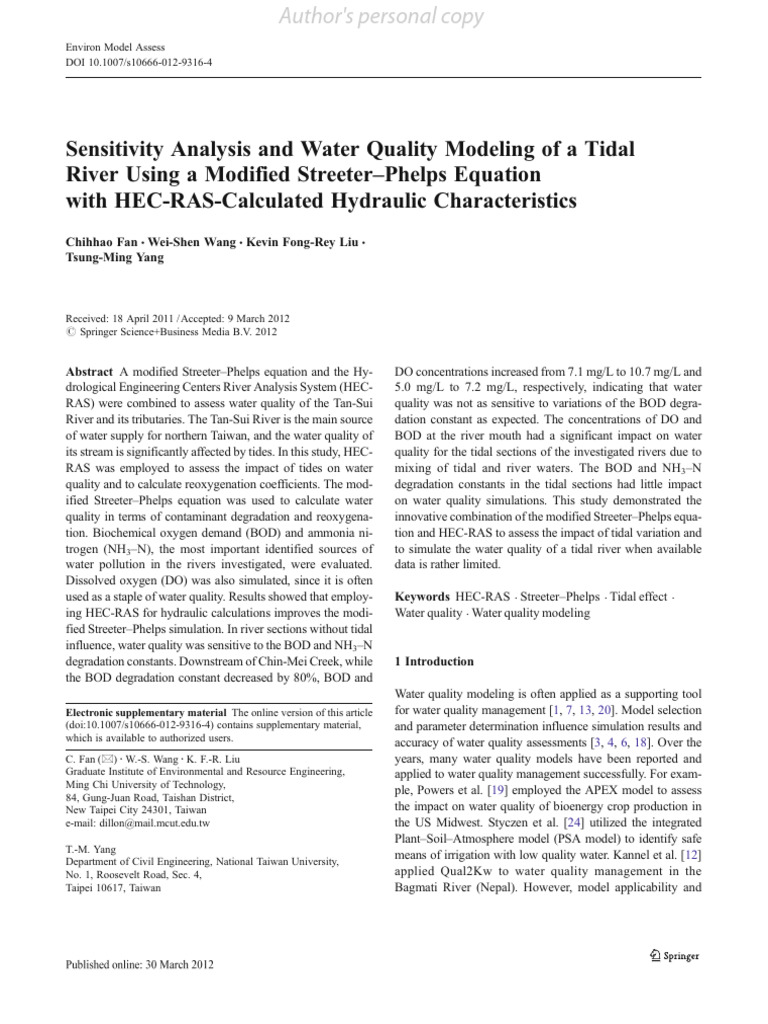 Sensitivity Analysis and Water Quality Modeling of A Tidal River Using ...