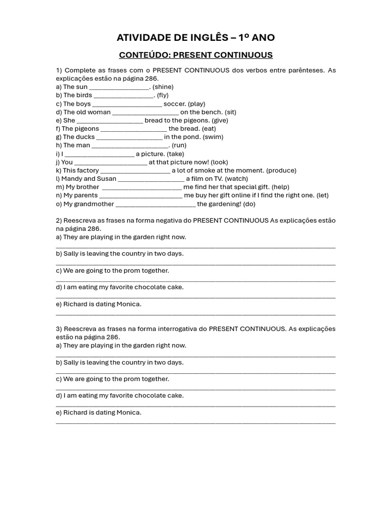 Prova de Present Continuous com Gabarito | PDF
