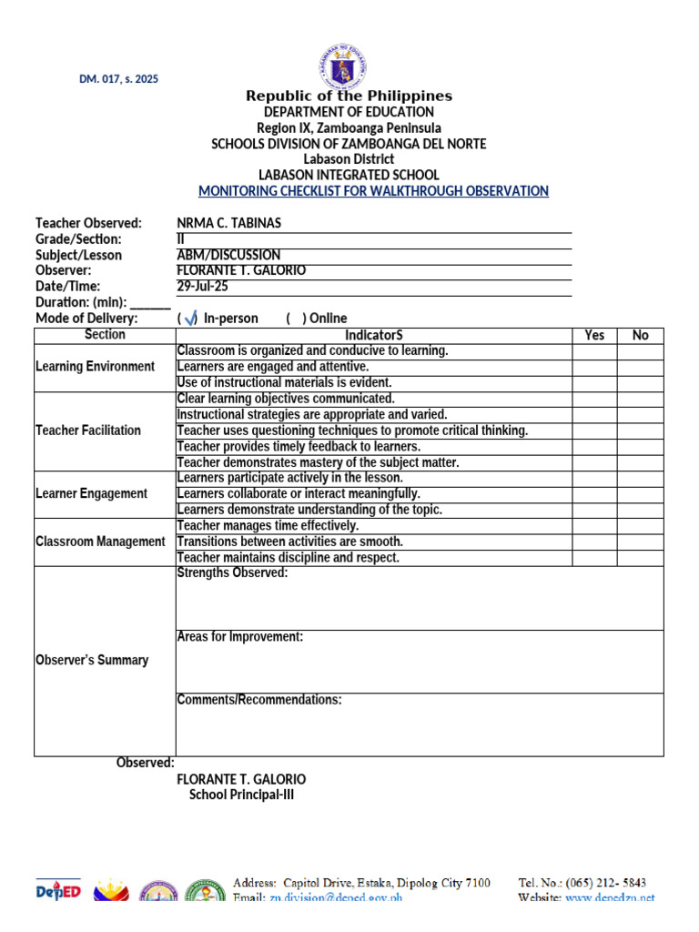 Labason School Observation Checklist | PDF | Educational Assessment ...