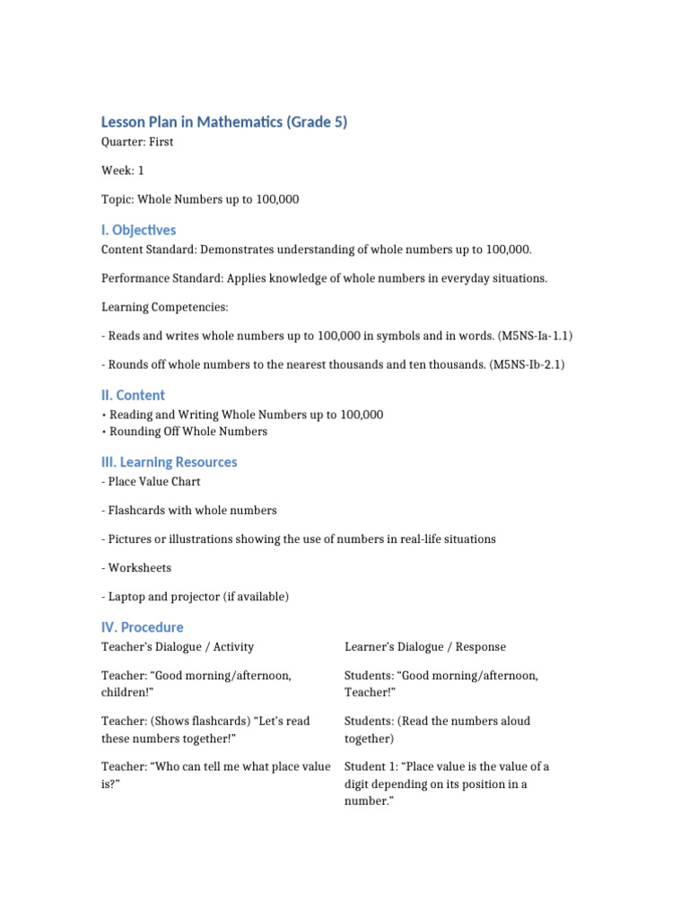 Grade 5 Math Lesson: Whole Numbers | PDF | Lesson Plan | Learning