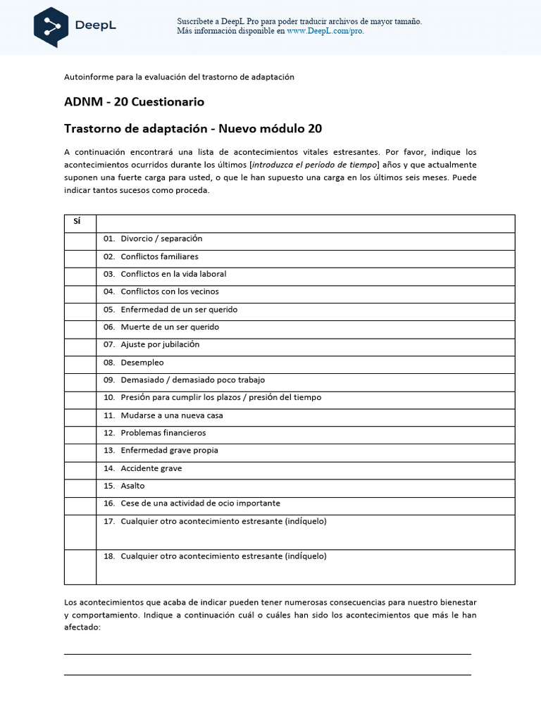 Cuestionario ADNM-20 para Trastorno de Adaptación | PDF | Ciencias del ...
