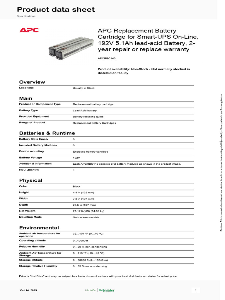 Schneider Electric APC Replacement Battery Cartridges APCRBC140 | PDF ...