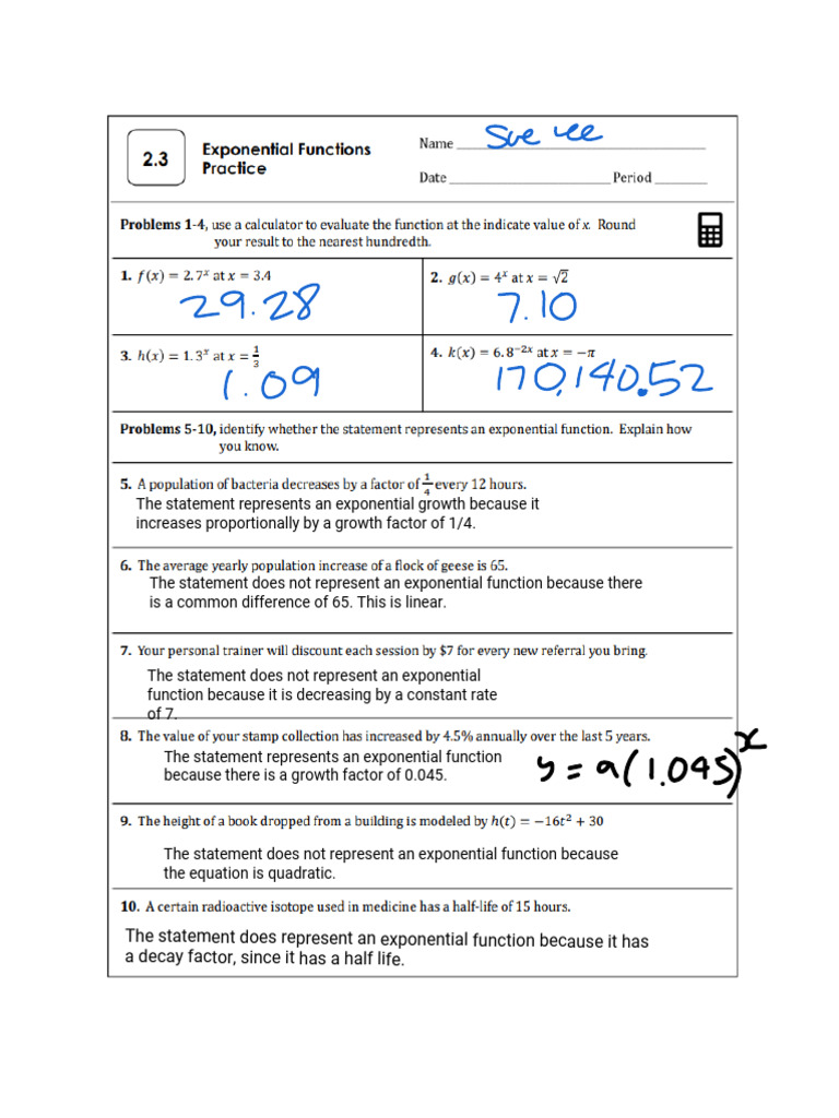 Exponential Functions Practice Answers | PDF
