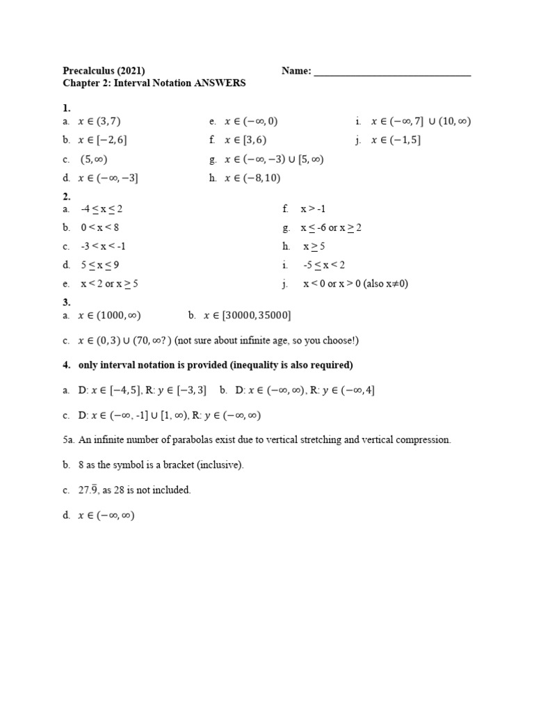 PC CH2 5interval Notation Prac ANS 2022 | PDF