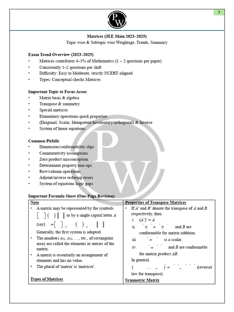 JEE Matrices Weightage & Key Concepts | PDF | Matrix (Mathematics ...