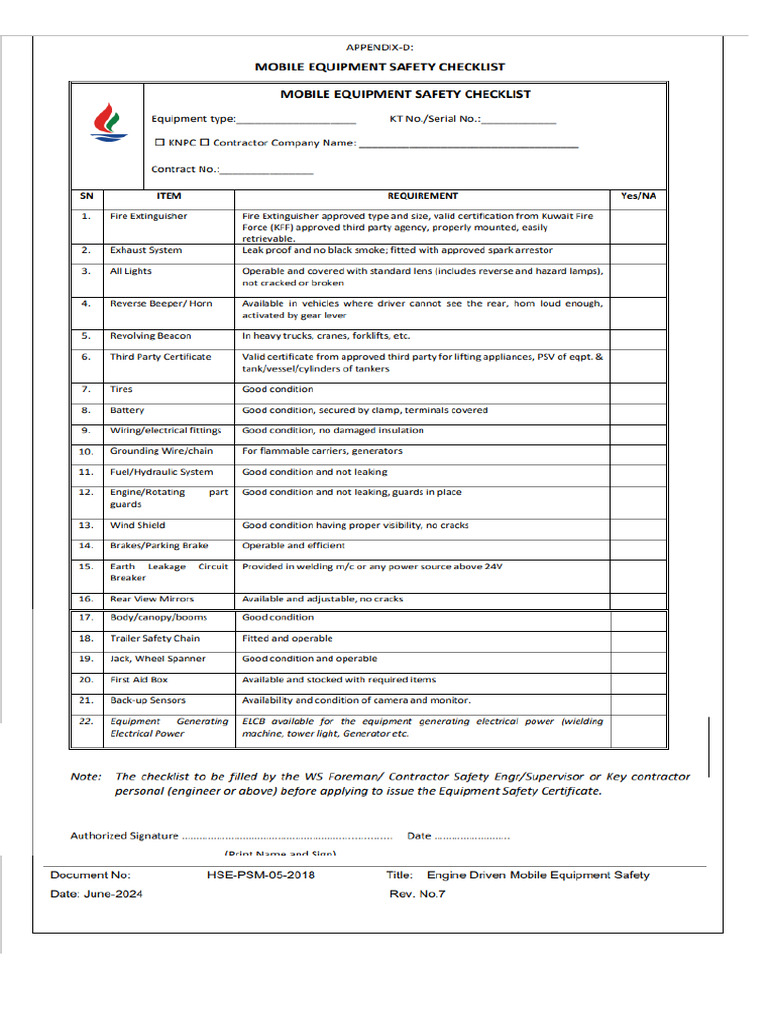 Mobile Equipment Inspection Checklist | PDF