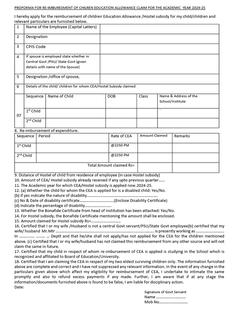 CEA Reimbursement Form 2024-25 | PDF