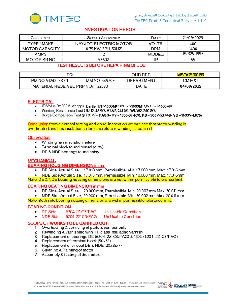 Electrical and Mechanical Motor Inspection Report | PDF | Electricity ...