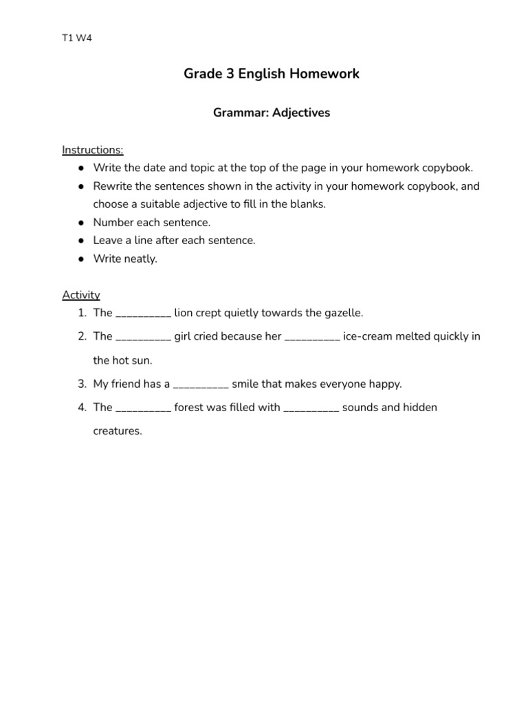 Grade 3 Adjective Homework Guide | PDF