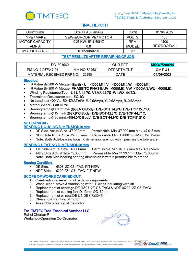 Final Report Mso 25 00194 Sew Eurodrive Motor 0.25 KW PRP 22590 | PDF ...