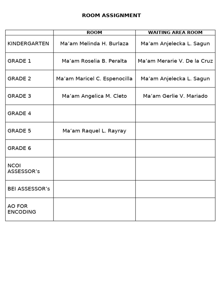 Room Assignment for Grades K-6 | PDF