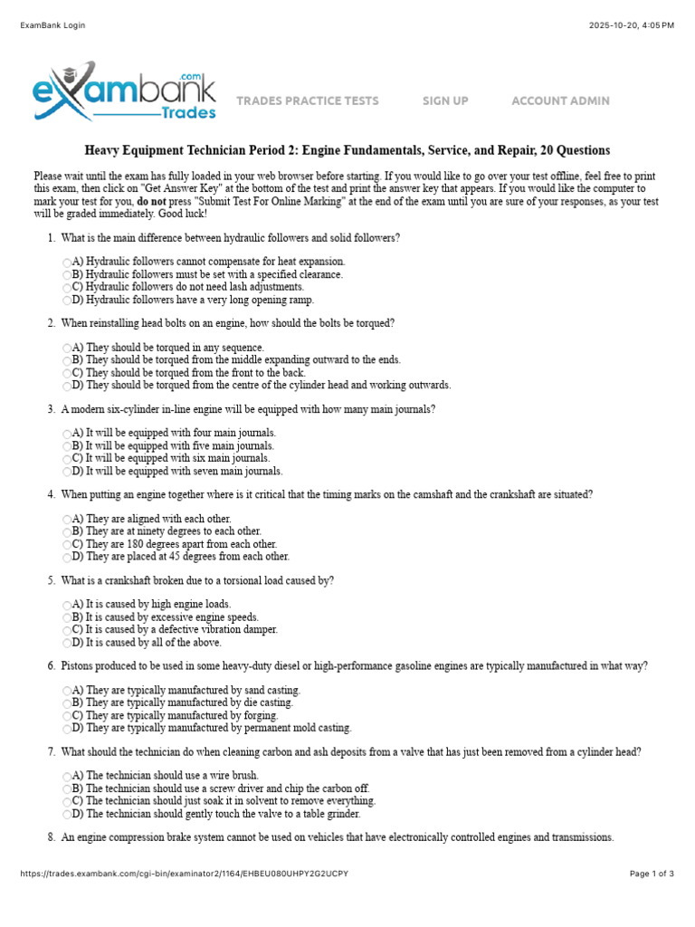 Heavy Equipment Technician Exam Guide | PDF | Engines | Diesel Engine