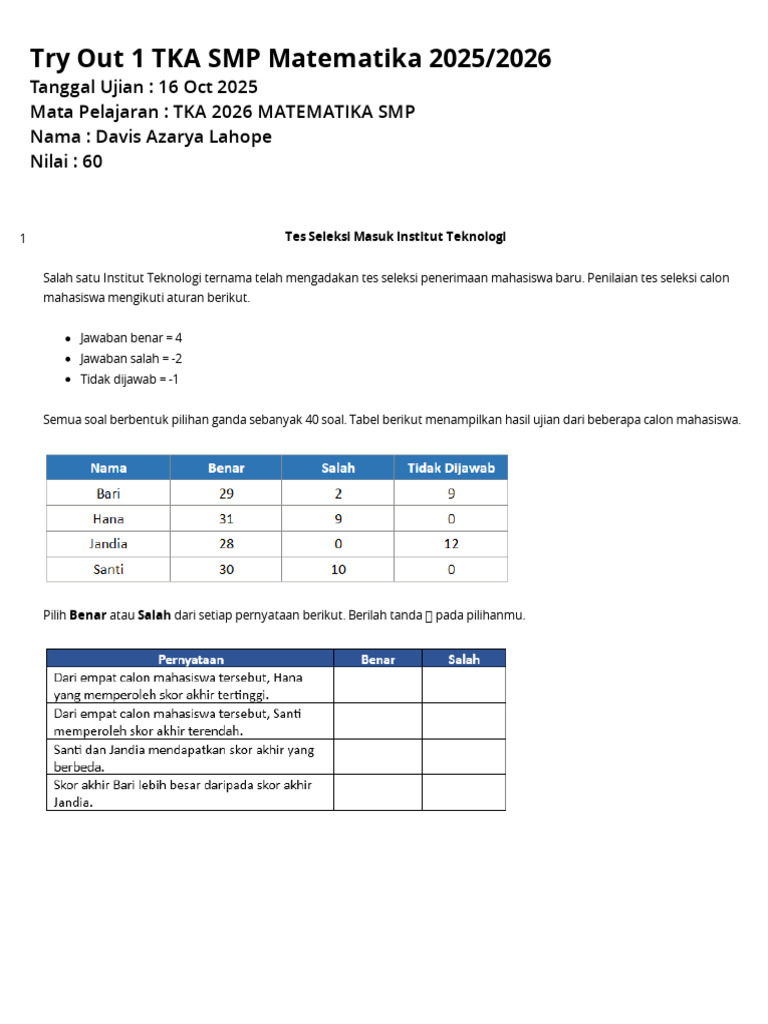 Try Out TKA Matematika SMP 2025/2026 | PDF