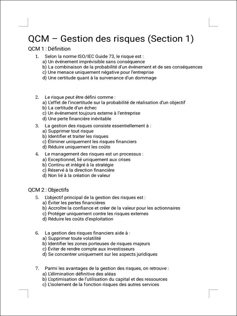 QCM sur la Gestion des Risques | PDF | Risque | Gestion des risques