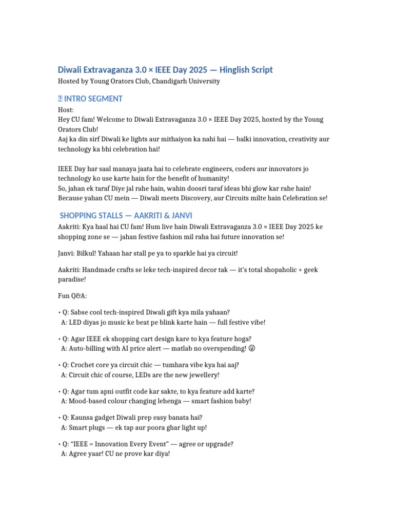 Diwali IEEE Day 2025 Hinglish Script | PDF