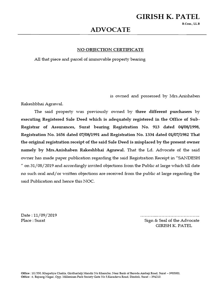 No Objection Certificate for Surat Property | PDF