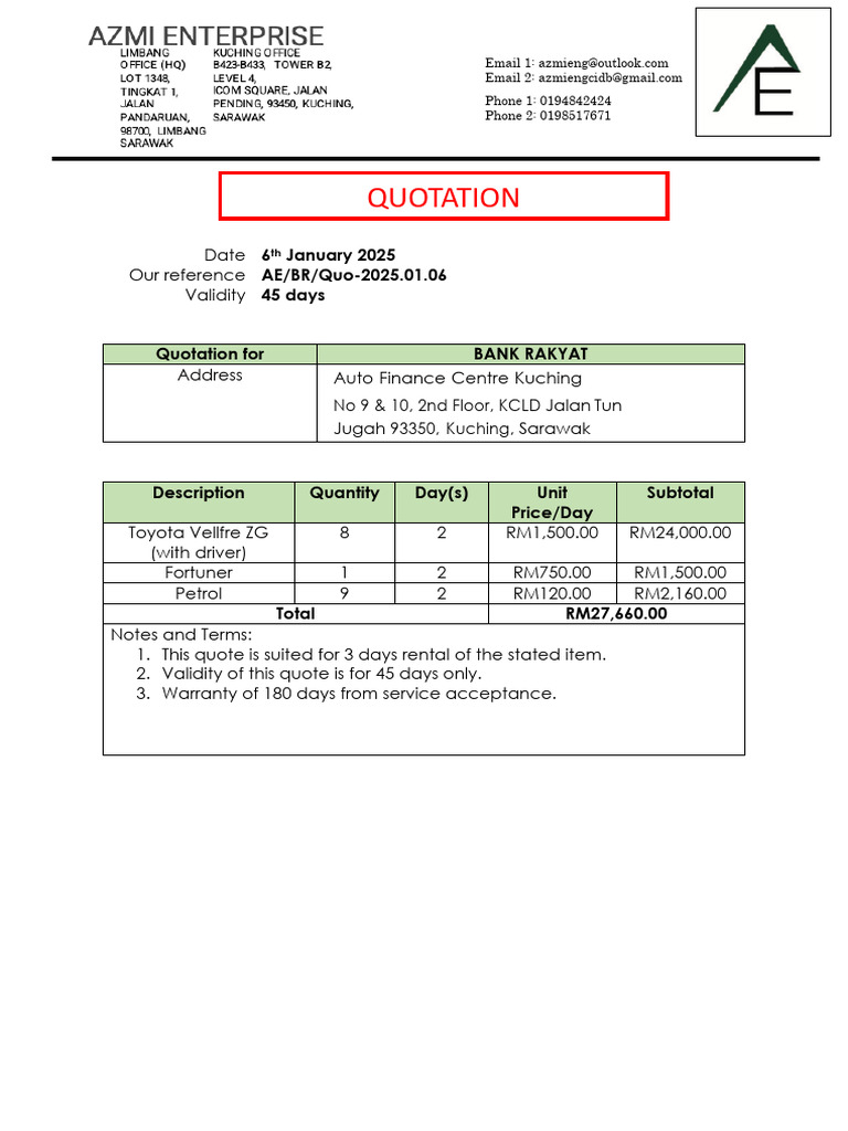 Quotation for Bank Rakyat Rental Services | PDF