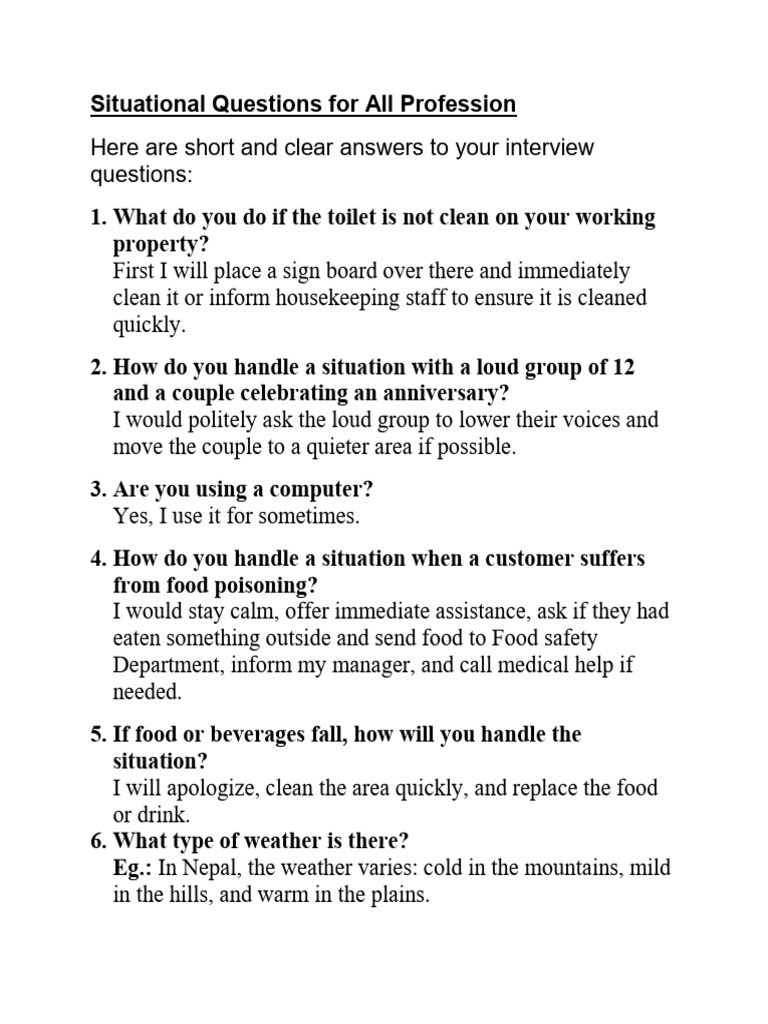 Situational Interview Questions Guide | PDF | Cuisine | Cooking