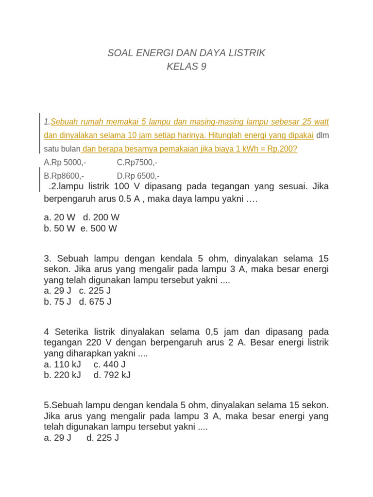 Soal Energi dan Daya Listrik Kelas 9 | PDF