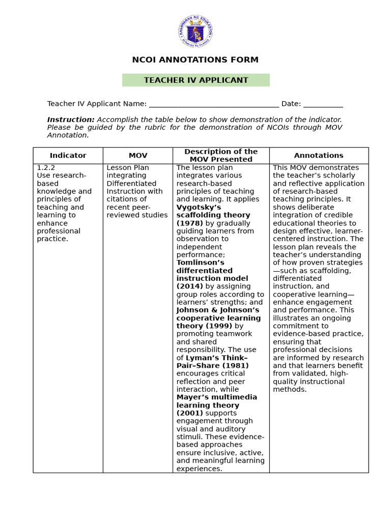 NCOI Annotations Form For Teacher IV Applicant | PDF | Learning | Teachers