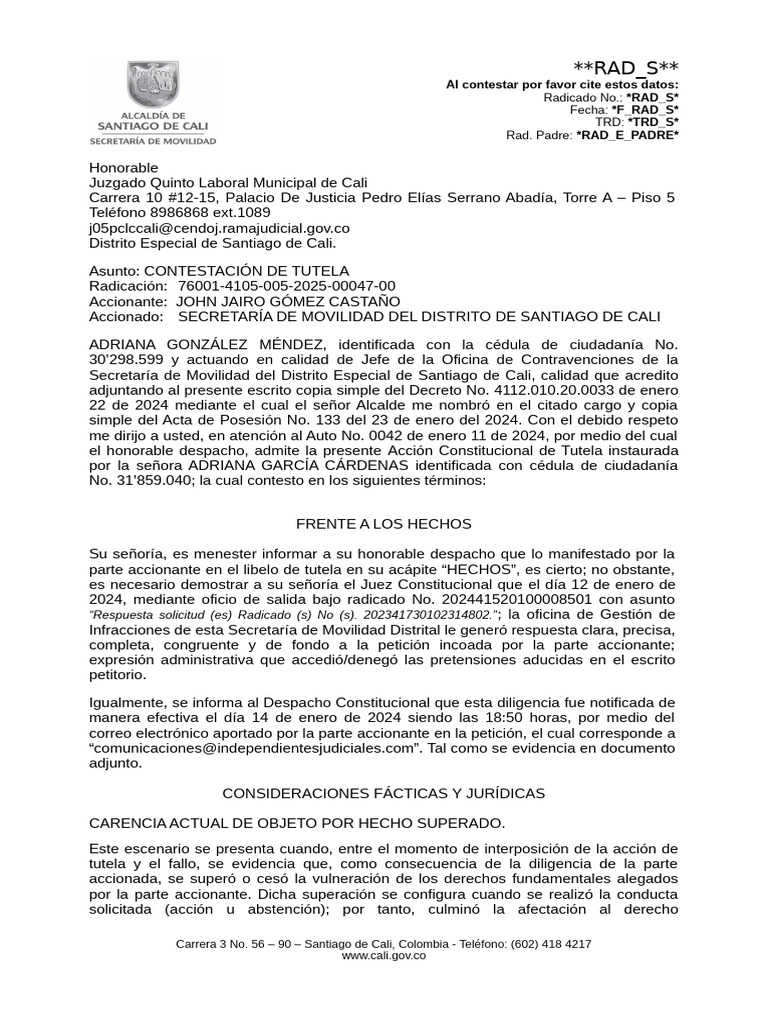 Contestación de Tutela en Cali 2024 | PDF | Justicia | Crimen y violencia
