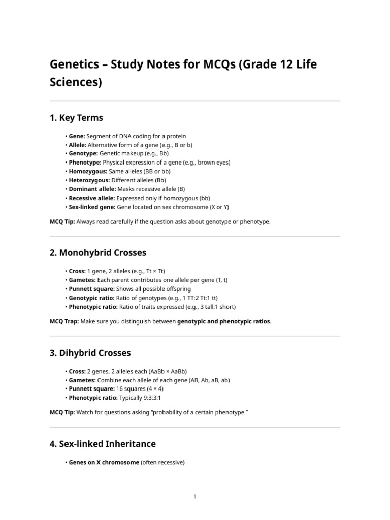 Genetics MCQ Study Notes for Grade 12 | PDF | Genotype | Dominance ...