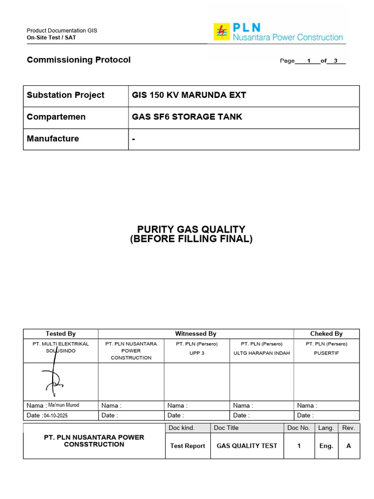 Report Uji SF6 Gas Quality Storage Tank Before Filling TTD | PDF