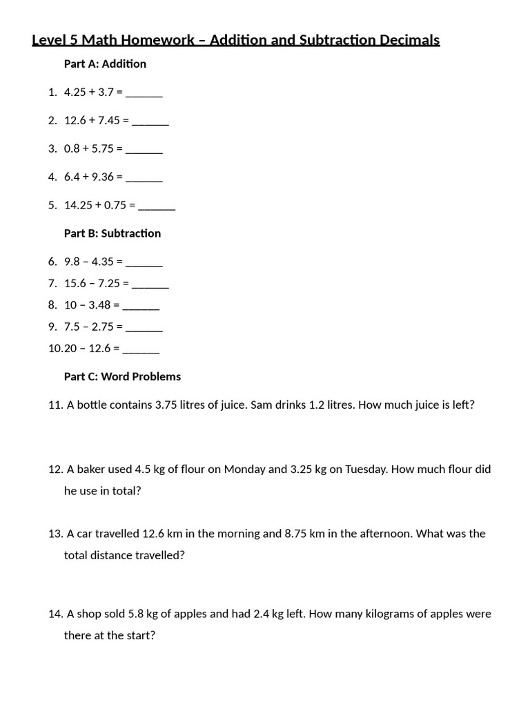 5th Grade Decimal Operations Worksheet | PDF
