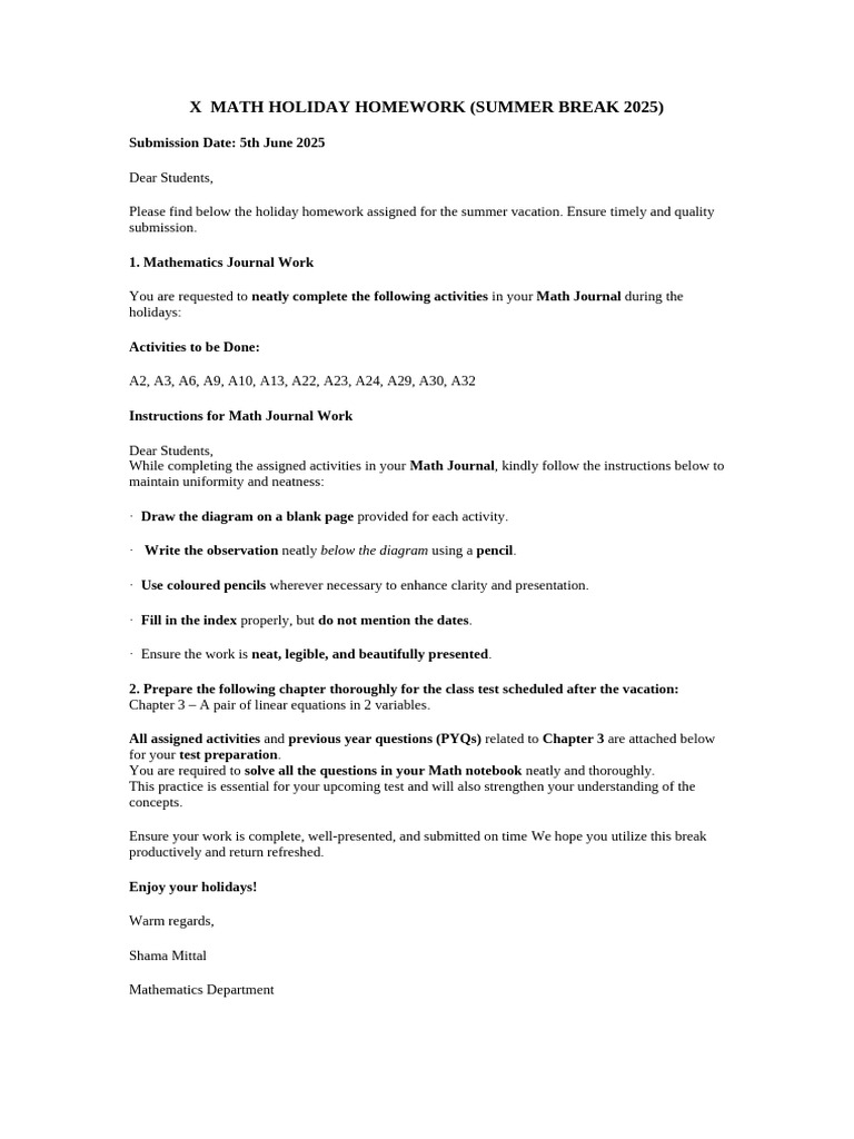 X Math Holiday Homework (Summer Break 2025) : Below The Diagram | PDF
