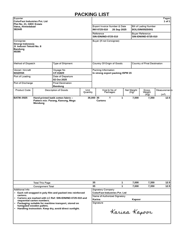 Export Packing List for Batik Fabric | PDF | Consumer Goods | Supply ...