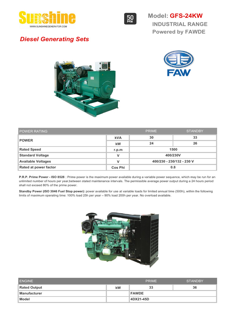 50HZ 24KW FAWDE Generator | PDF | Diesel Engine | Engines