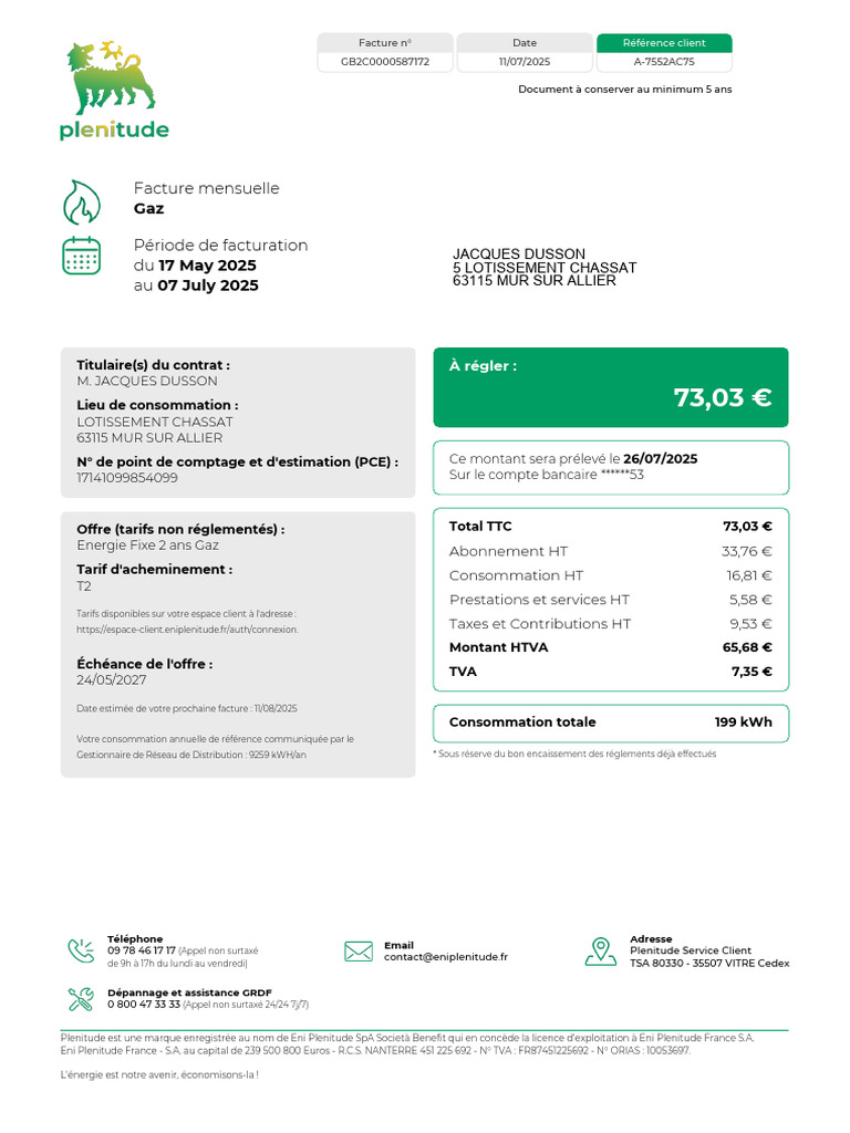 Facture Gaz Mensuelle Eni Plenitude PDF Taxe sur la valeur ajoutée — free download
