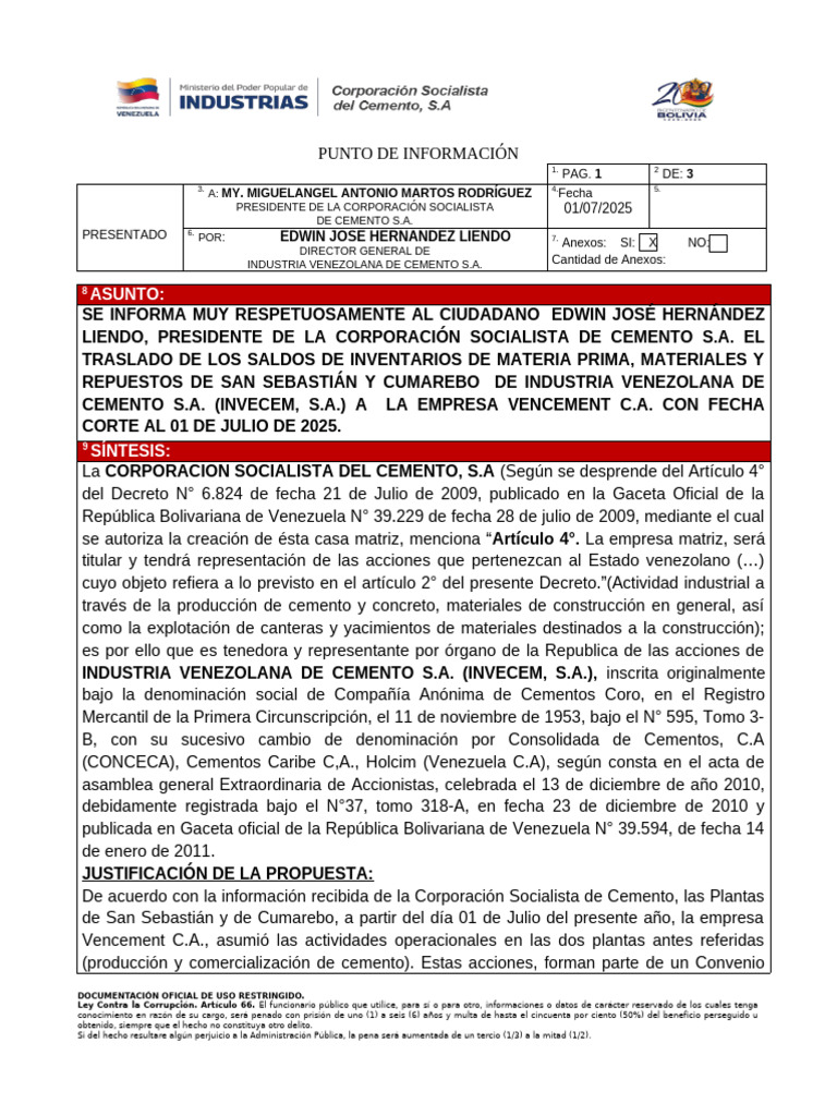 Traslado de Inventarios a Vencement C.A. | PDF | Venezuela | Business