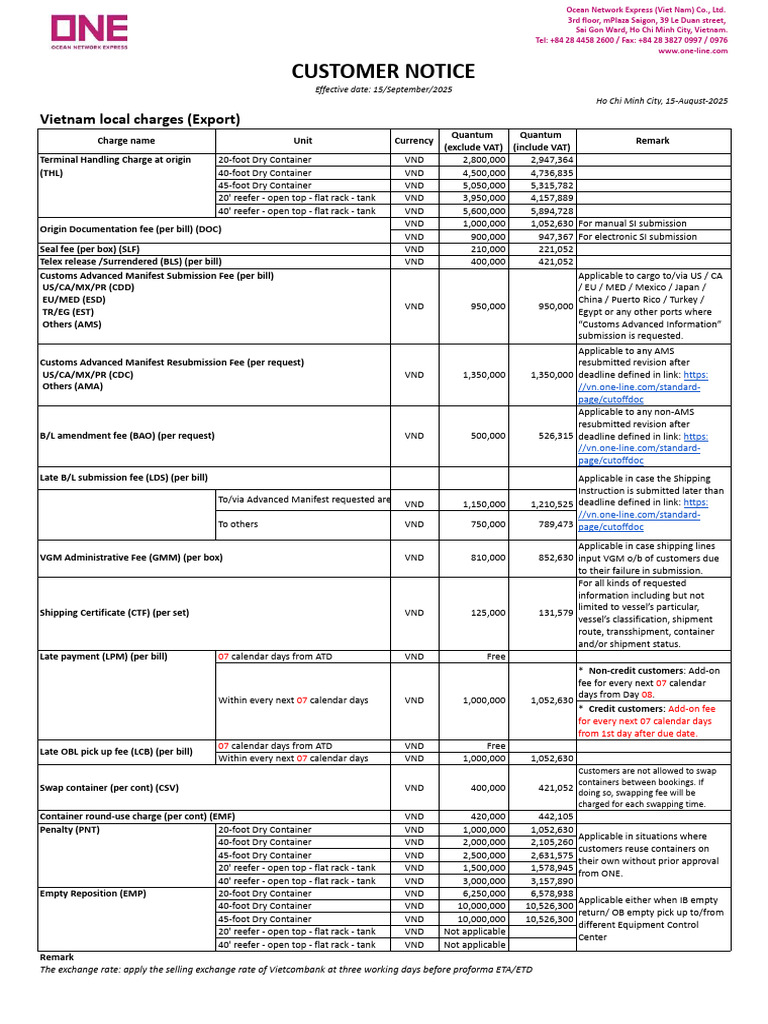 Vietnam Local Charges for ONE Services | PDF | Ho Chi Minh City | Vietnam
