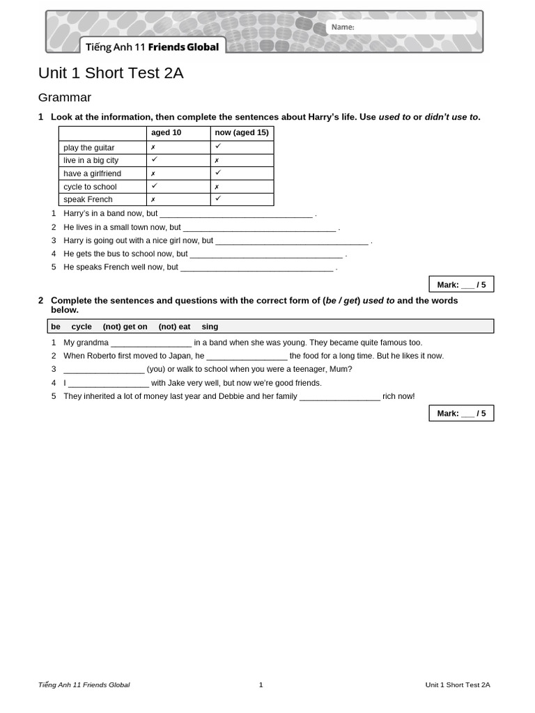 TA 11 Friends Global Unit 1 Short Test 2a | PDF | Linguistics