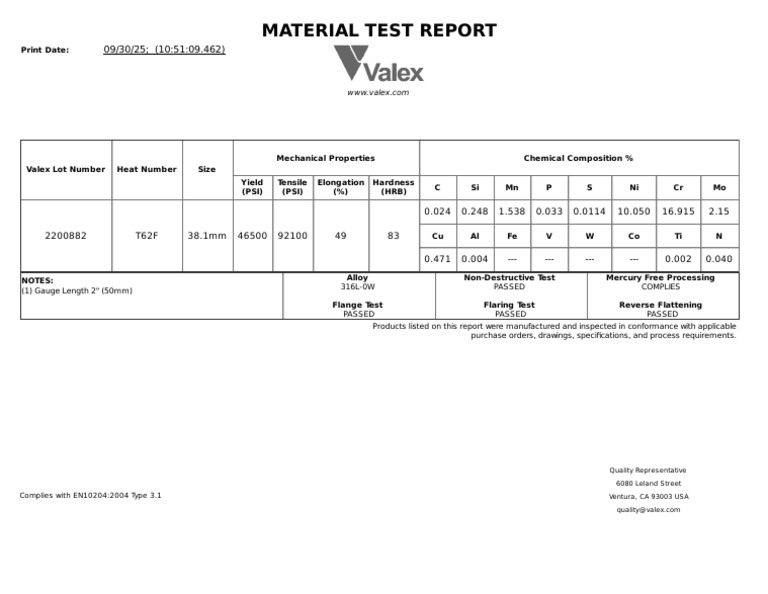 Material Test Report for Alloy 316L-0W | PDF | Chemical Substances ...
