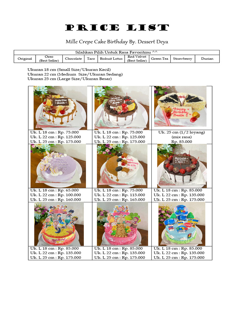 Price List Mille Crepe Birthday by Dessert Deya | PDF