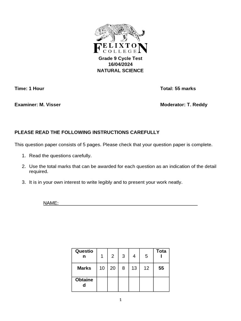 Grade 9 Natural Science Test 2024 | PDF | Earth Sciences | Earth