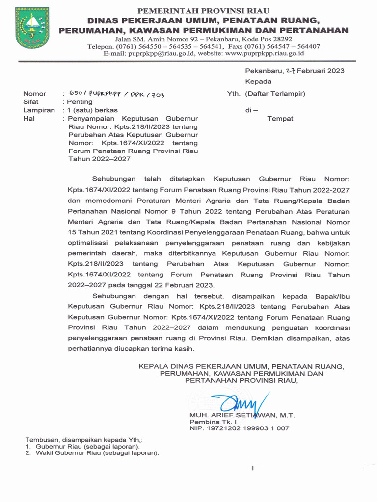 Surat Penyampaian SK Perubahan FPR - 220223 | PDF