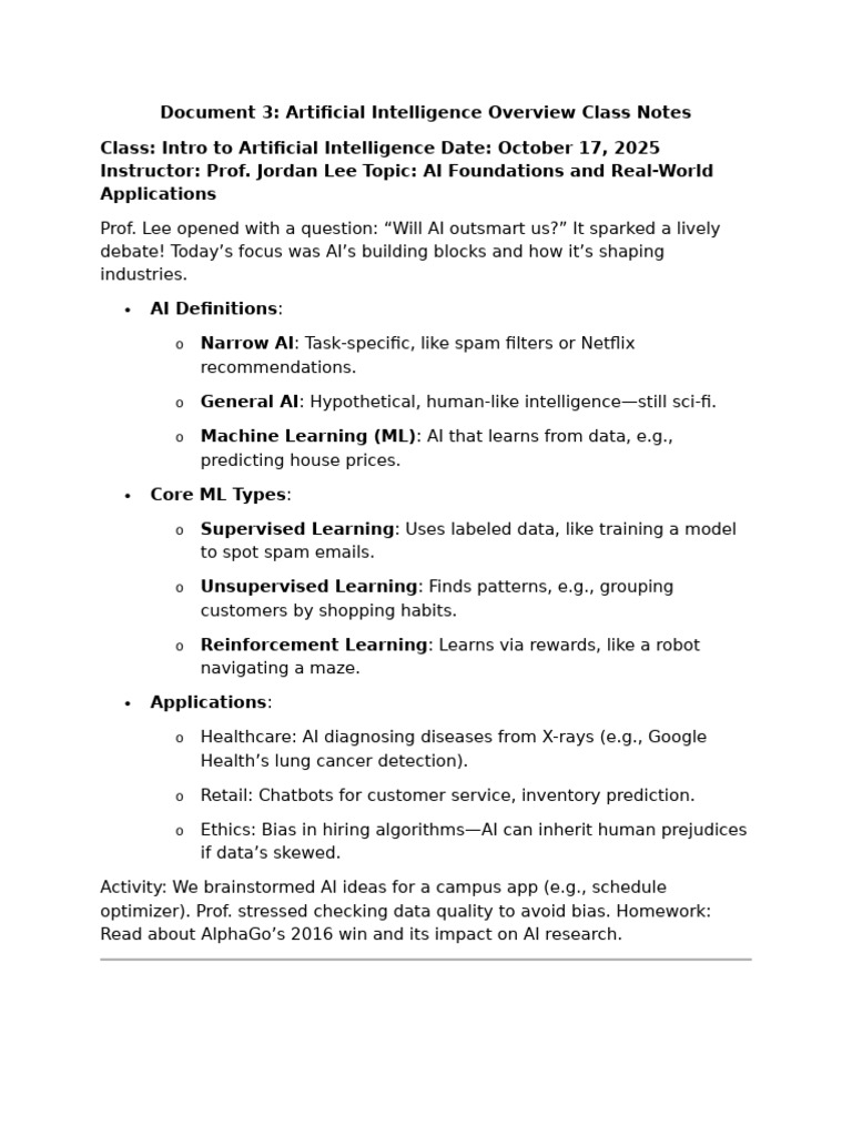 Artificial Intelligence Overview Class Notes | PDF
