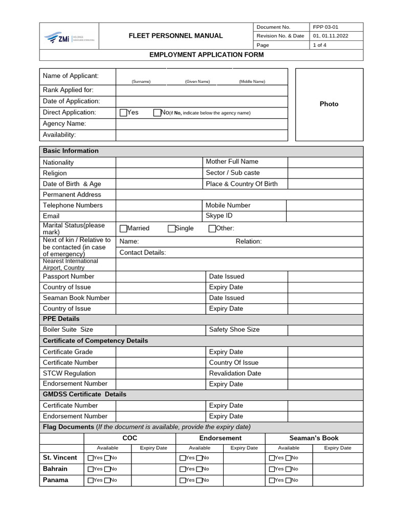 Fleet Personnel Employment Application Form | PDF | Watercraft | Water ...