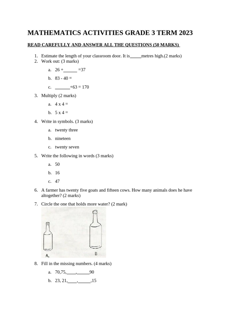 Grade 3 Mathematics Activities 2023 | PDF