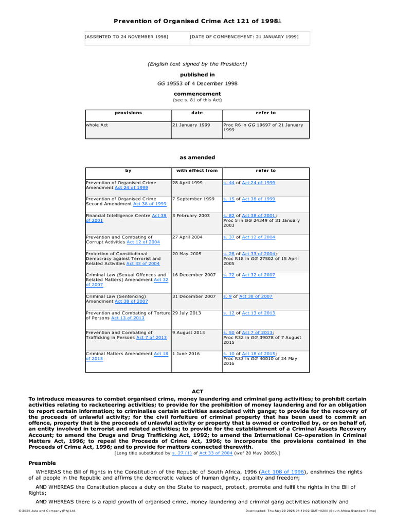 South Africa's Organised Crime Act 1998 | PDF | Asset Forfeiture | Crimes