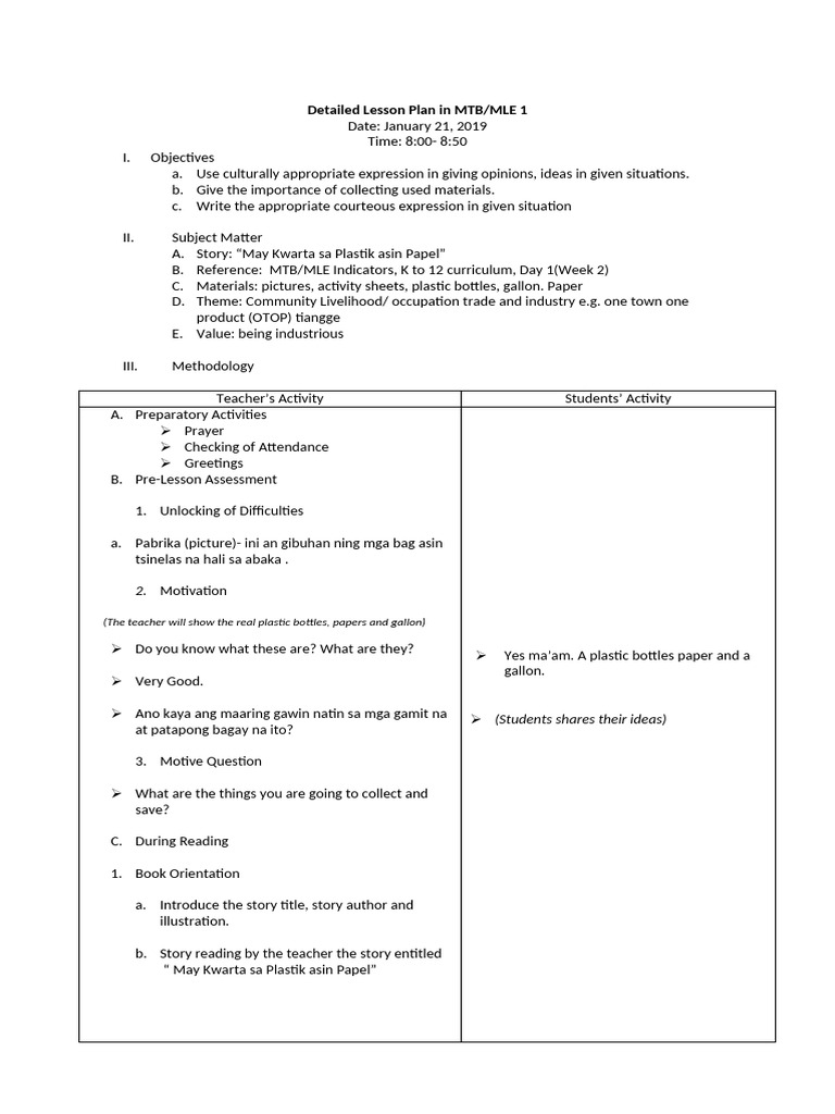 MTB/MLE 1 Detailed Lesson Plan | PDF | Education Theory | Pedagogy